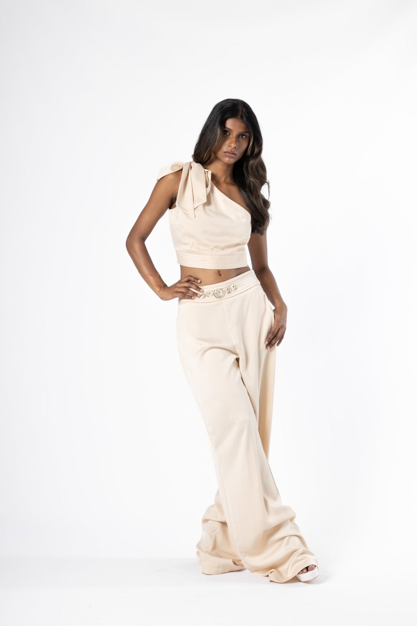 Etheral Co - ord Set -One-Shoulder Crop Top and Wide-Leg Pants | House of Banke