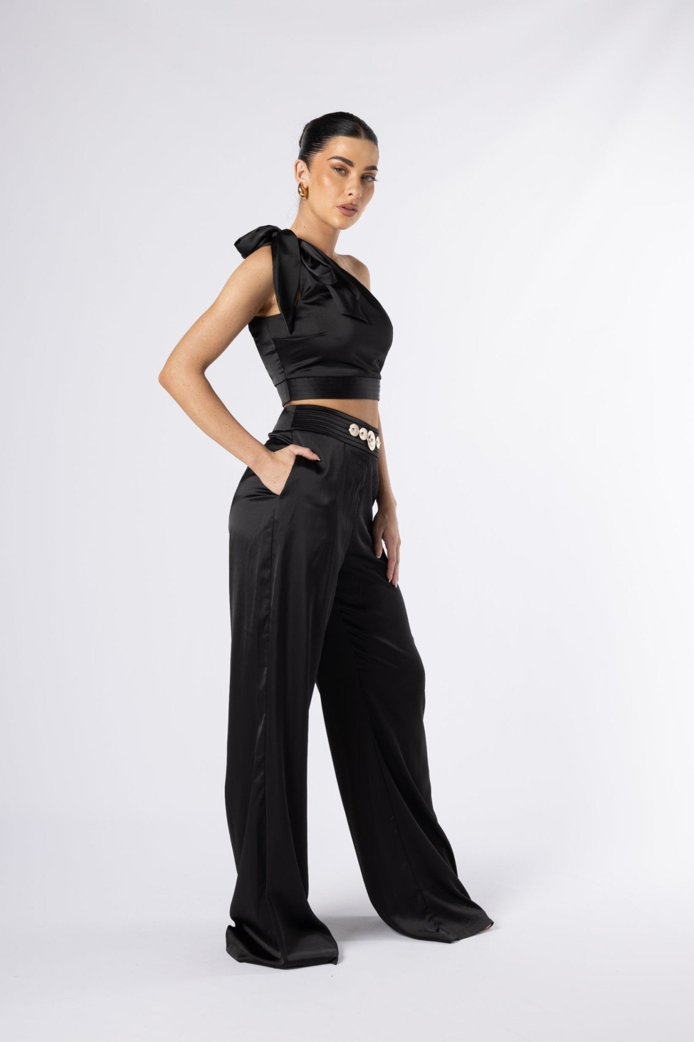 Etheral Co - ord Set - One-Shoulder Crop Top and Wide-Leg Pants | House of Banke