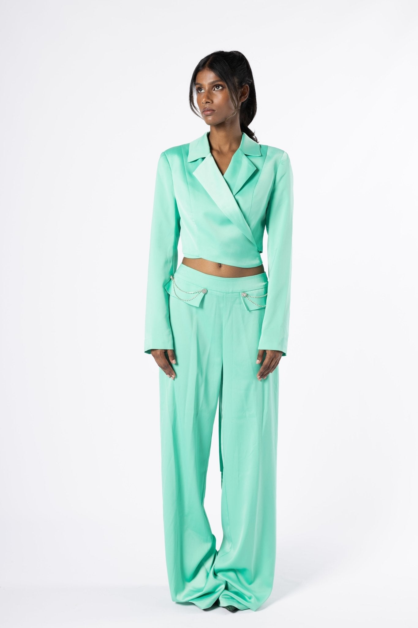 Lustra Green Set - Satin Wrap Blazer and Wide-Leg Pants Co-Ord