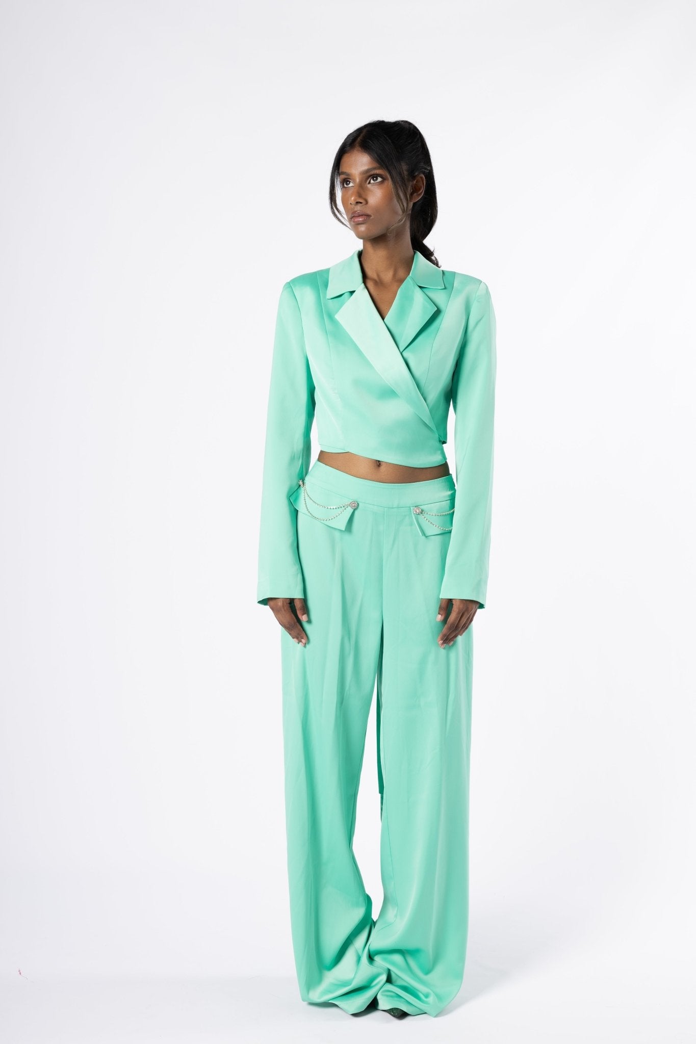 Lustra Green Set - Satin Wrap Blazer and Wide-Leg Pants Co-Ord