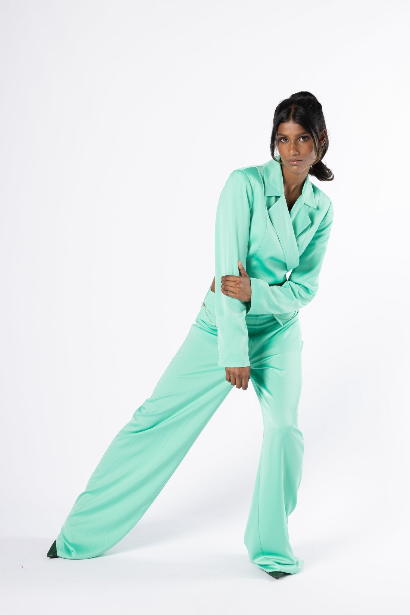 Lustra Green Set -Satin Wrap Blazer and Wide-Leg Pants Co-Ord