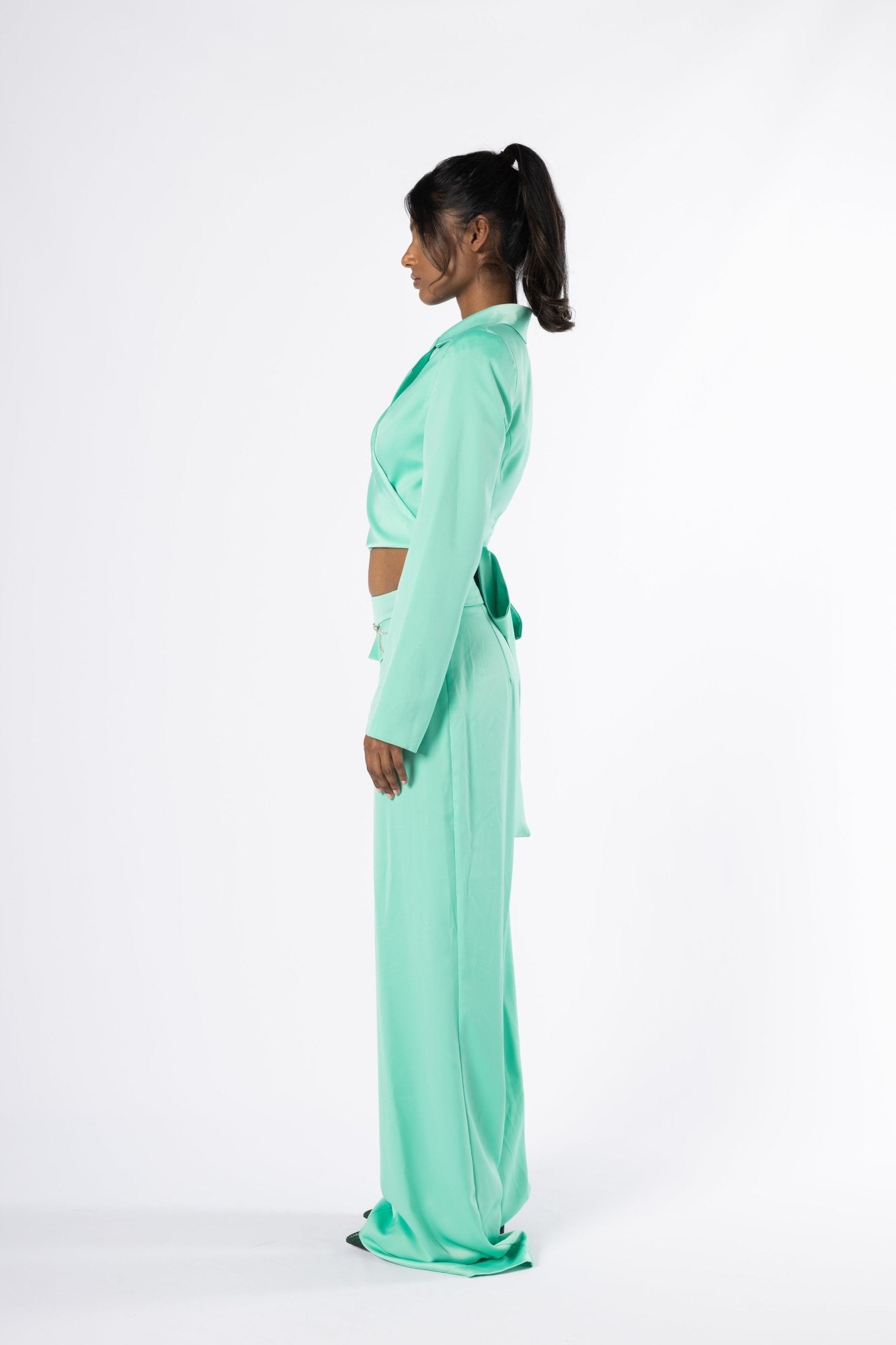 Lustra Green Set -Satin Wrap Blazer and Wide-Leg Pants Co-Ord