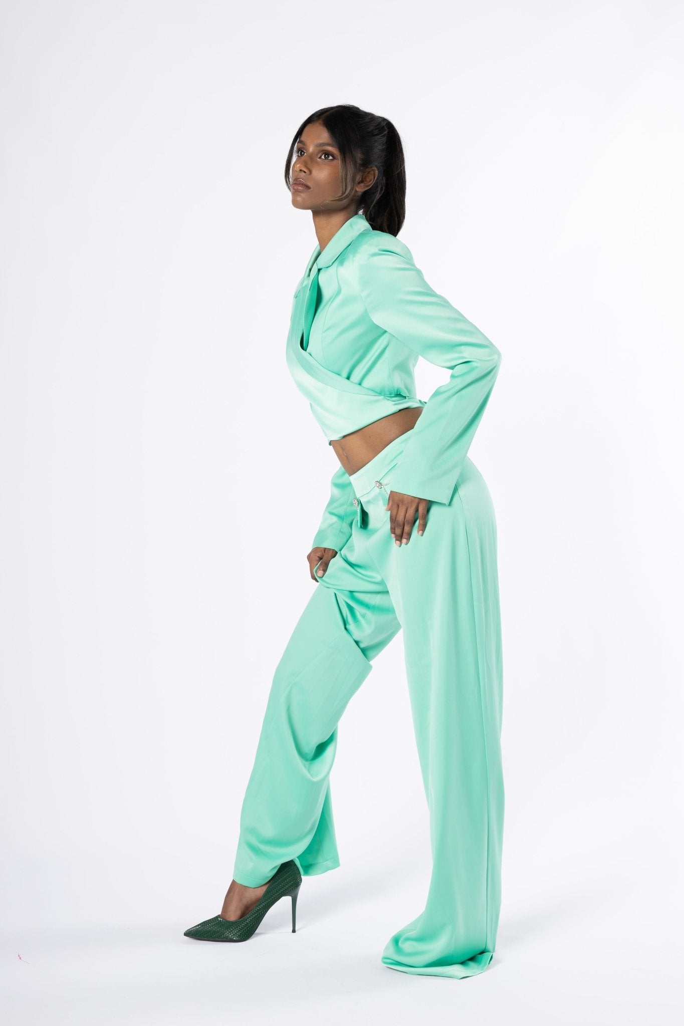 Lustra Green Set - Satin Wrap Blazer and Wide-Leg Pants Co-Ord