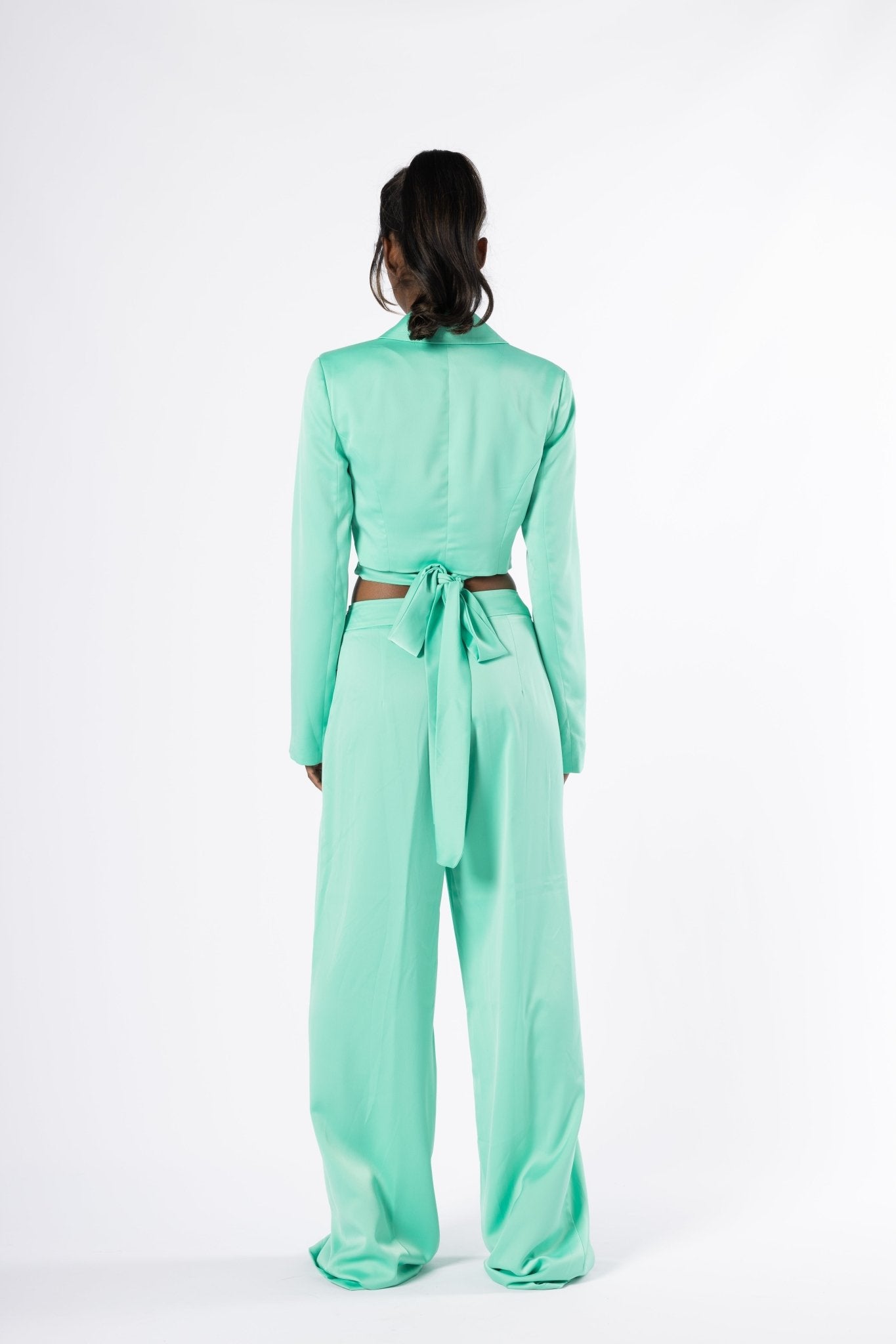 Lustra Green Set - Satin Wrap Blazer and Wide-Leg Pants Co-Ord