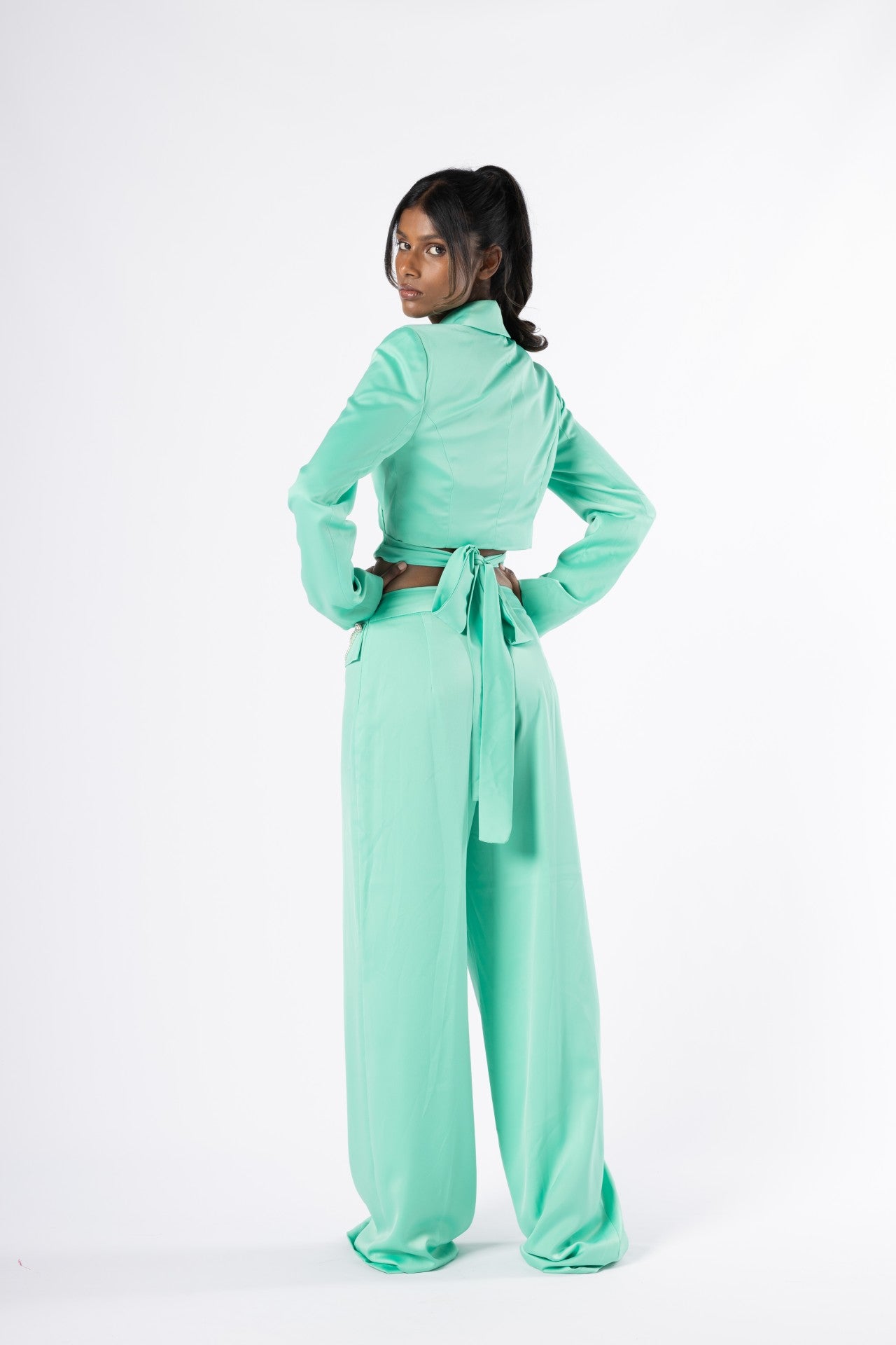 Lustra Green Set - Satin Wrap Blazer and Wide-Leg Pants Co-Ord