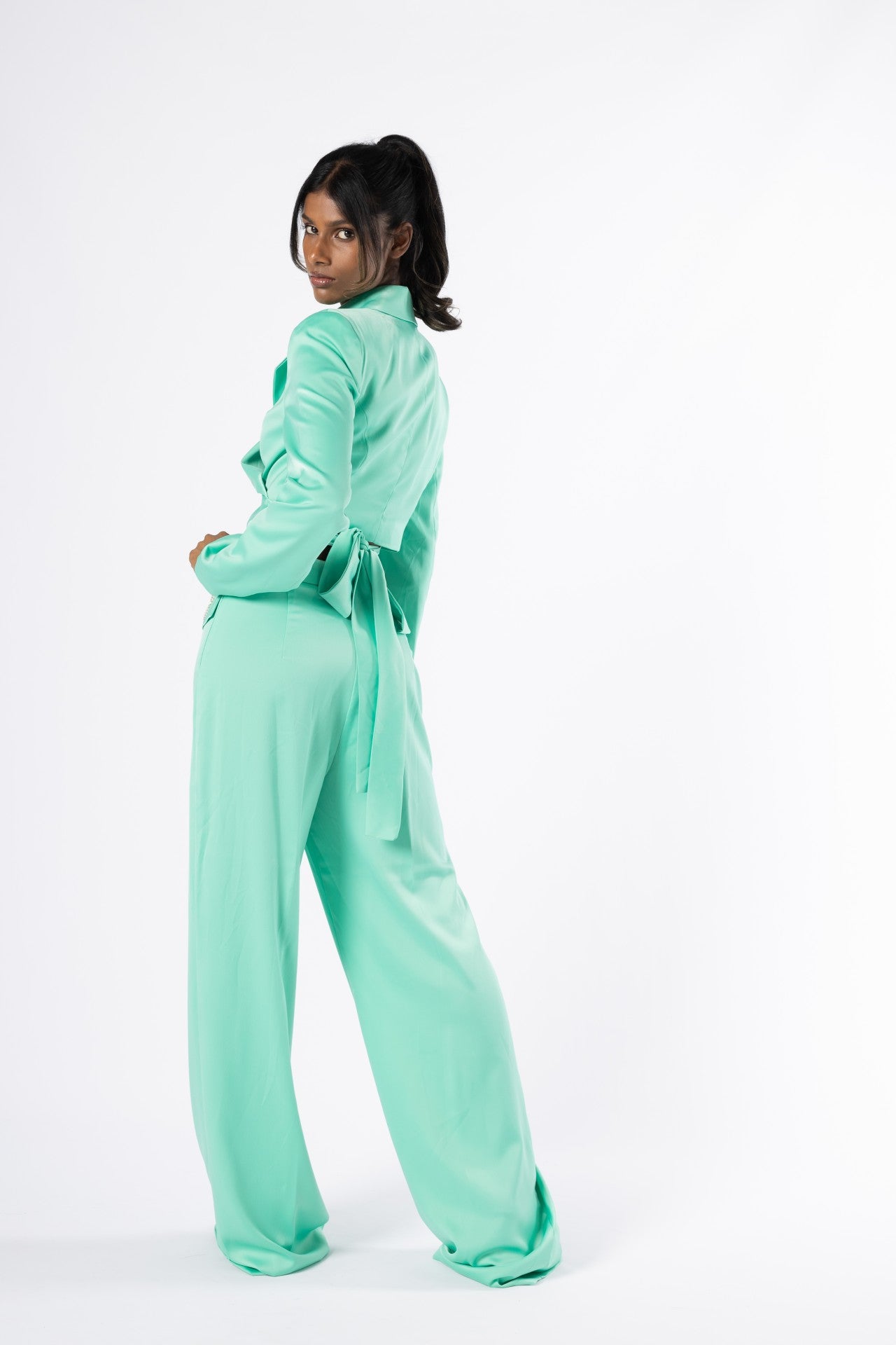 Lustra Green Set - Satin Wrap Blazer and Wide-Leg Pants Co-Ord