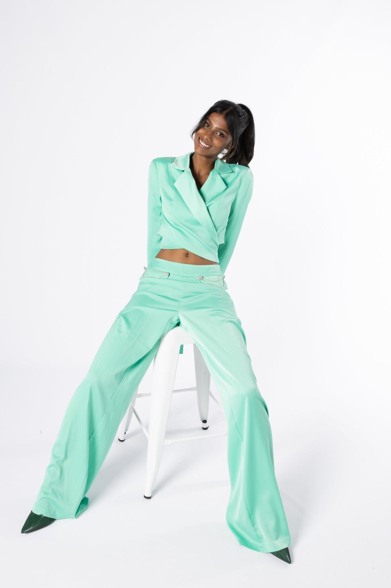 Lustra Green Set - Satin Wrap Blazer and Wide-Leg Pants Co-Ord