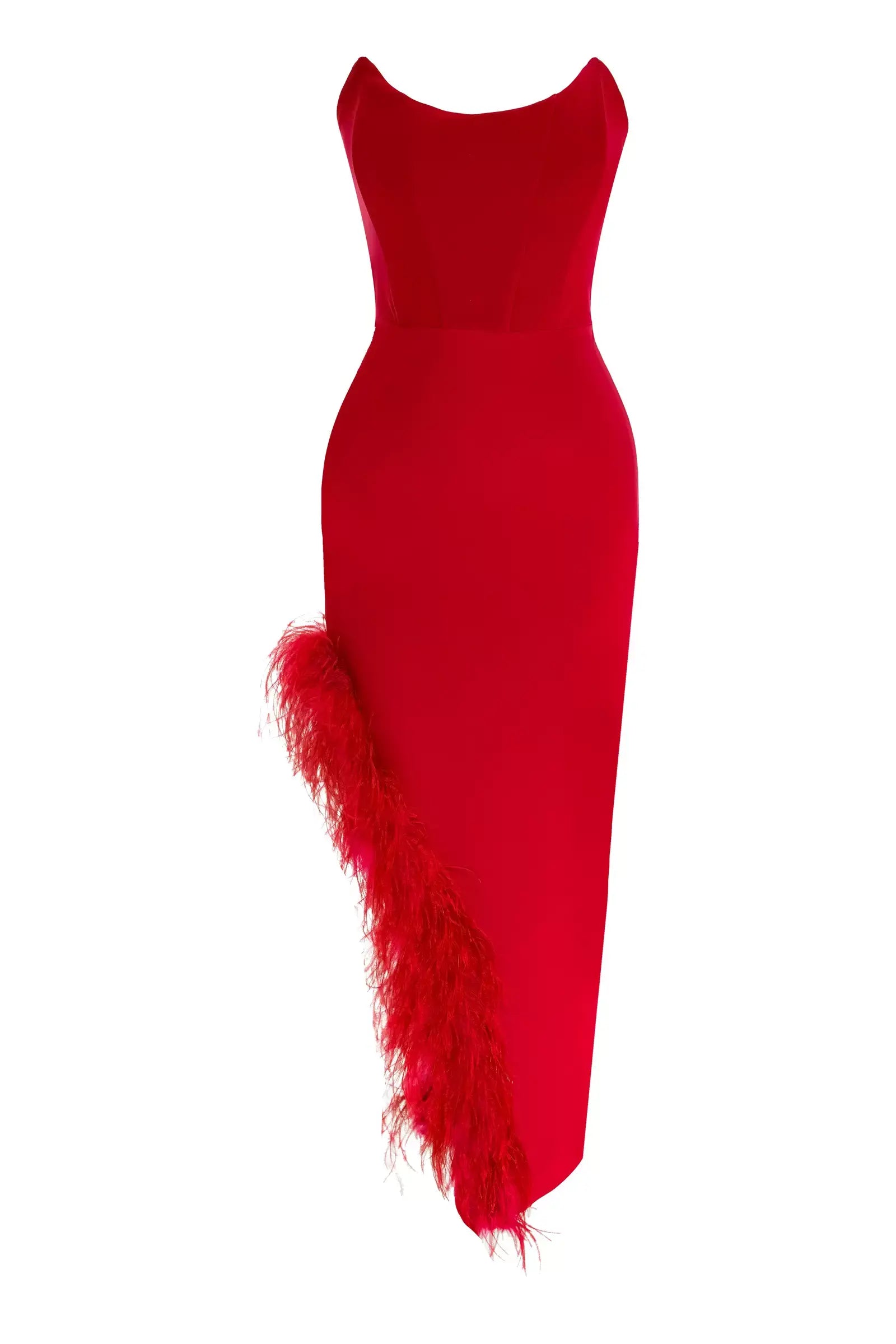 Scarlet Feather Trimmed Red Dress - House of Banke