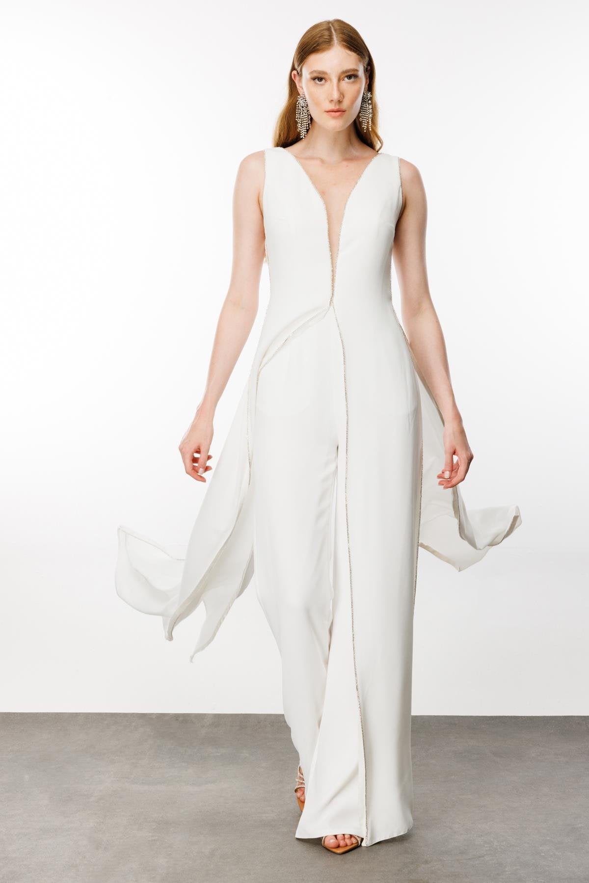 Cascade Jumpsuit Elegant White Evening Jumpsuit - House of Banke