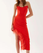 Scarlet Feather Trimmed Red Dress - House of Banke