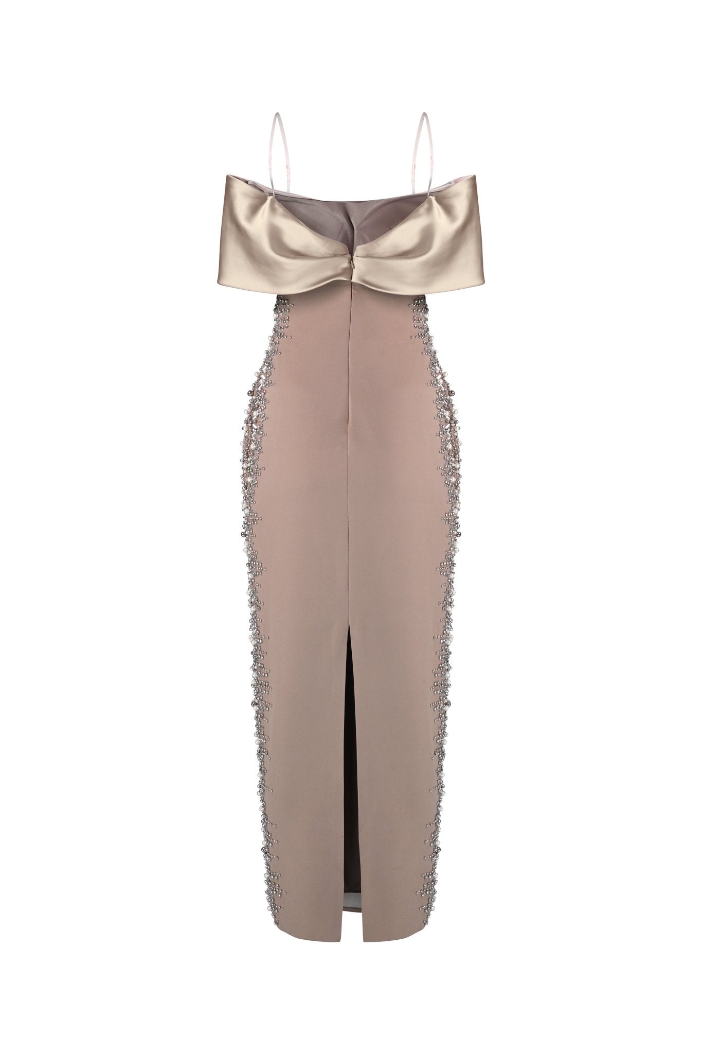 Champagne/Beige Sculpted Embellished Gown - House of Banke