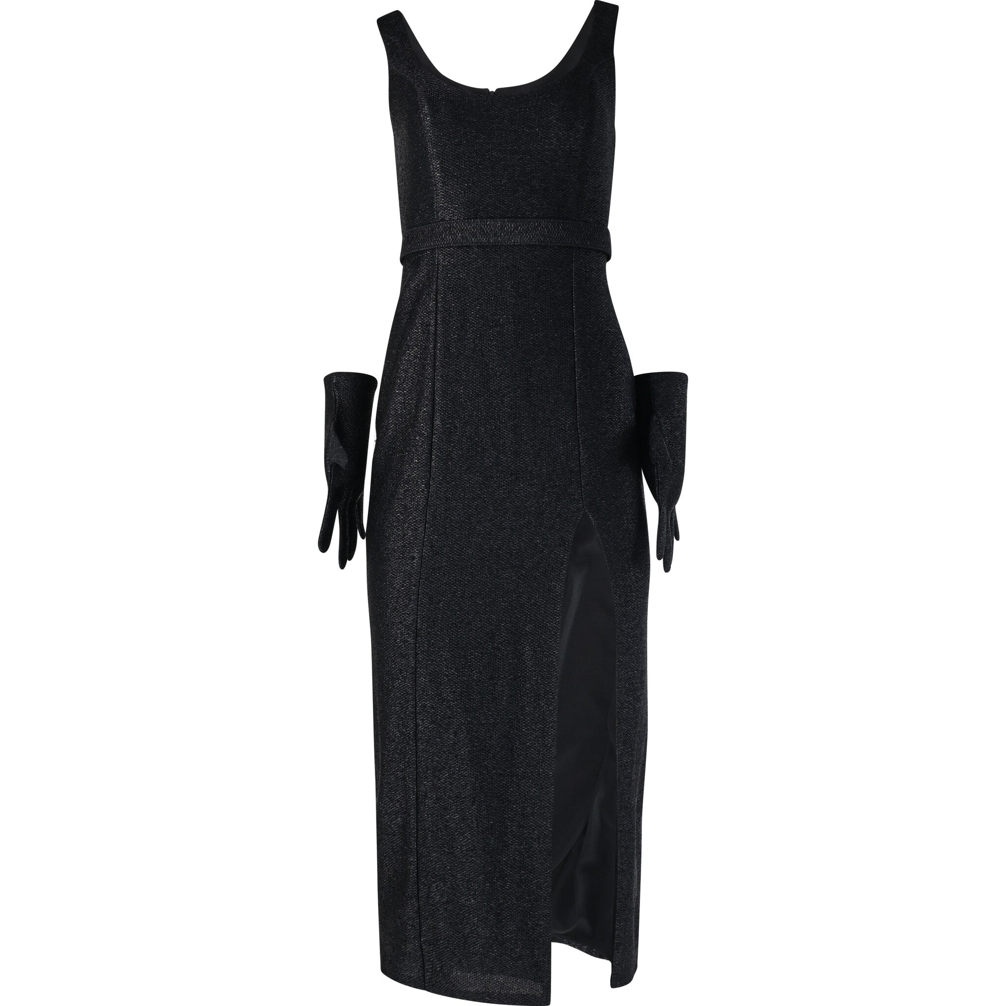 Black Sculpted Midi Dress with Matching Gloves - House of Banke