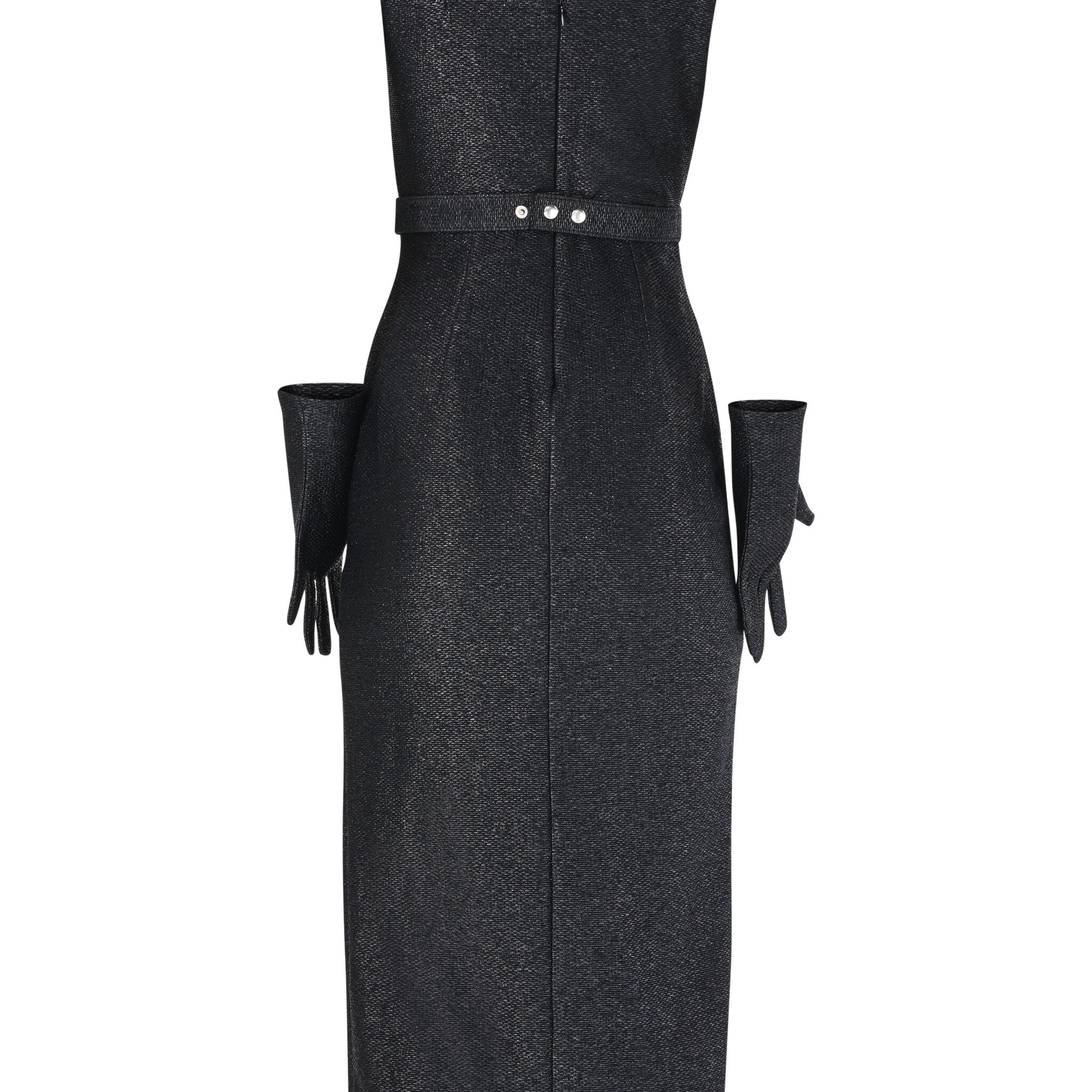 Black Sculpted Midi Dress with Matching Gloves - House of Banke