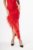 Scarlet Feather Trimmed Red Dress - House of Banke