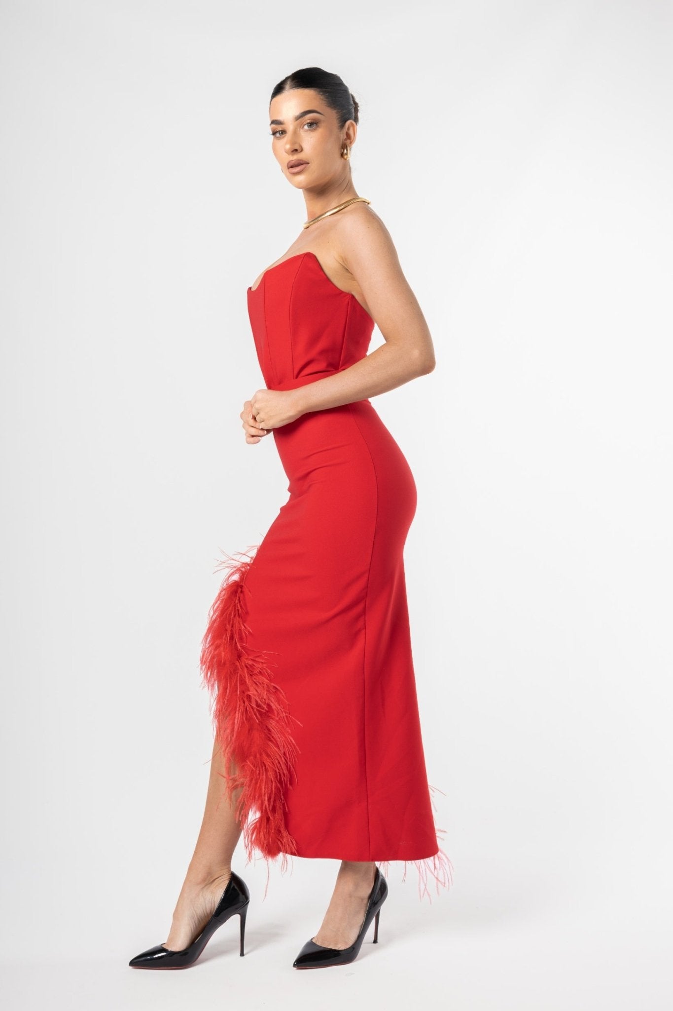 Scarlet Feather Trimmed Red Dress - House of Banke