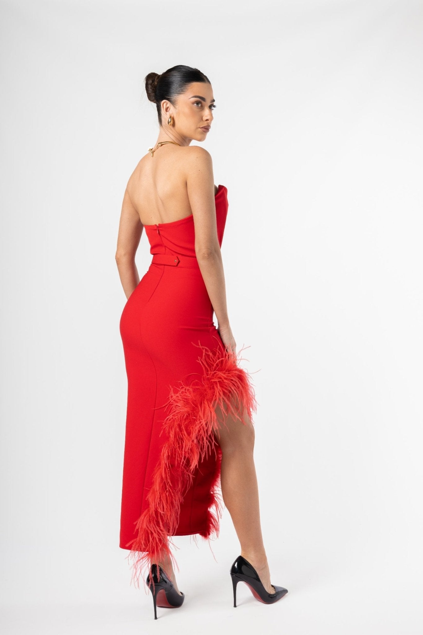 Scarlet Feather Trimmed Red Dress - House of Banke