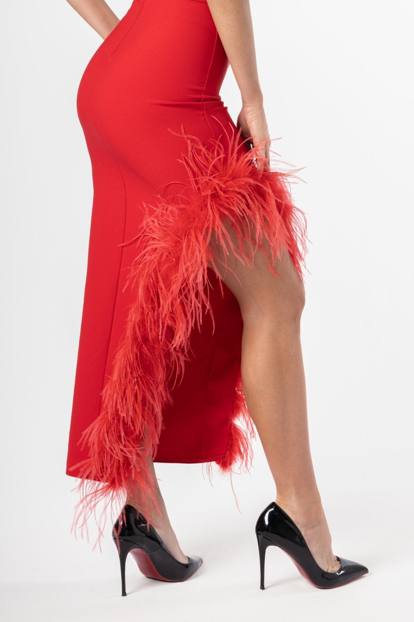 Scarlet Feather Trimmed Red Dress - House of Banke