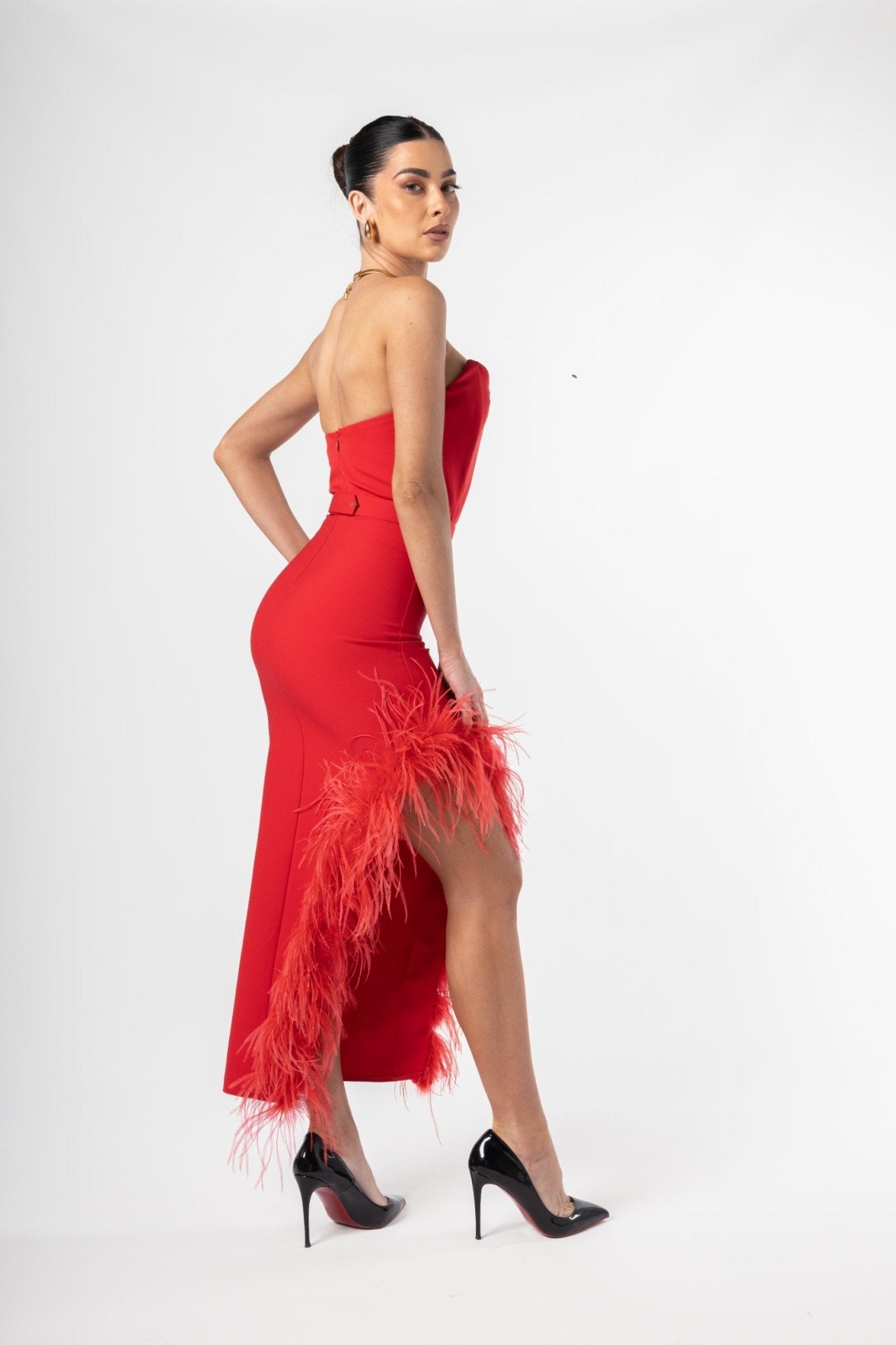 Scarlet Feather Trimmed Red Dress - House of Banke